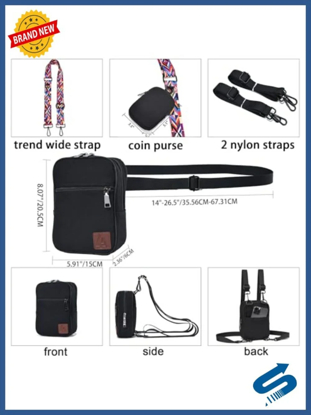 5-Way Convertible Crossbody Sling Bag with 3 Straps, Canvas, 14 Pockets